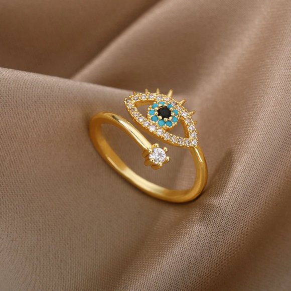 Lucky Evil Eye Adjustable Gold Ring - Picture 1 of 6